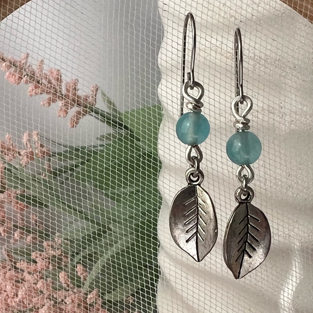 Sky Blue Apatite Beaded in Silver with Leaf Charms HYPOALLERGENIC